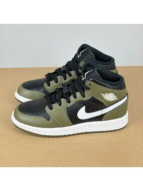 Jordan 1 Mid Olive Black White Leather Athletic Shoes Youth 3.5Y Lace Up